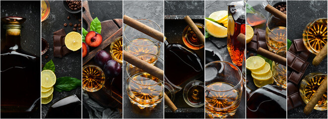 Cognac, brandy and whiskey in glasses, cigars from tobacco, on a black stone table. Photo collage,...