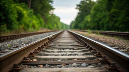 Fototapeta premium An artistic angle highlighting the alignment of rail tracks as they stretch into the distance surrounded by a blurred backdrop of green foliage. The closeup captures the jointers