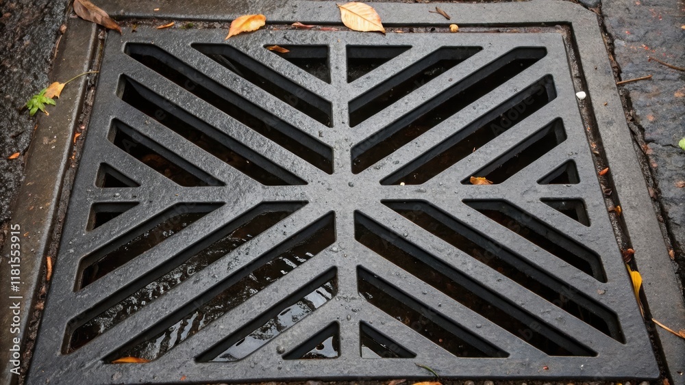 Poster An artistic angle presents a closeup of a drainage channel grate with an unusual geometric pattern. The sharp lines and shapes create a striking visual effect while the surrounding