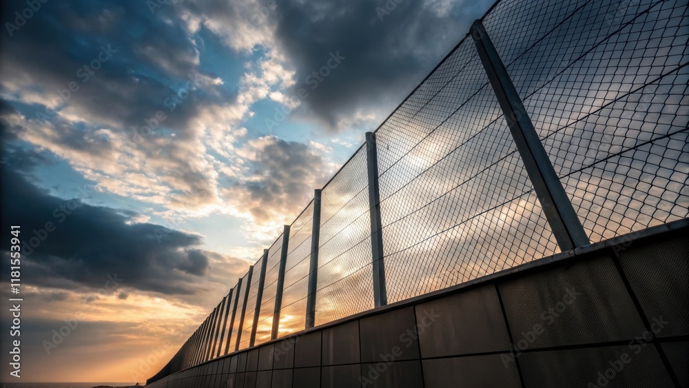 Poster An artistic angle showing the vertical lines of the mesh against a backdrop of a dramatic sky. The interplay of light and shadow accentuates the height and stability of the
