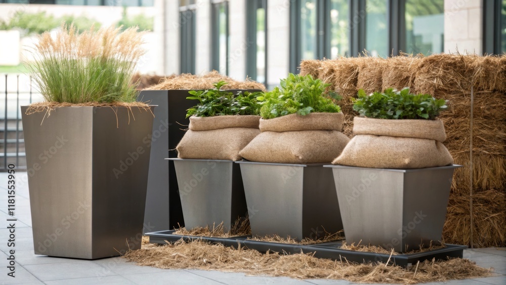 Poster An artistic arrangement of steel planters their sleek modern design contrasting with the organic materials surrounding them such as straw bales and burlap sacks filled with soil.