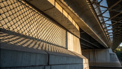 Obraz premium An artistic angle of a bridge abutment highlighting the union between the robust concrete surface and the underlying steel reinforcement mesh. The sunlight casts shadows that
