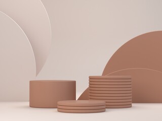 Minimal scene 3d with podium and geometrical forms and layers in Mocha Mousse Color. Trendy color 2025. Scene for cosmetic product presentation. Abstract background, brown studio room. 3d render.