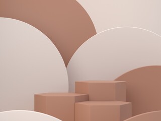 Minimal scene 3d with podium and geometrical forms and layers in Mocha Mousse Color. Trendy color 2025. Scene for cosmetic product presentation. Abstract background, brown studio room. 3d render.