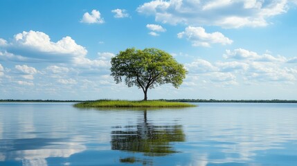 A solitary tree on an isolated island surrounded by glassy water under a bright, open sky