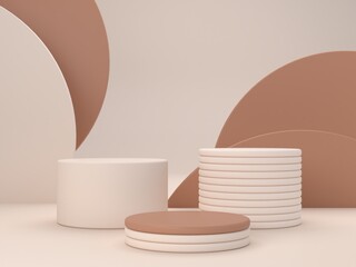 Minimal scene 3d with podium and geometrical forms and layers in Mocha Mousse Color. Trendy color 2025. Scene for cosmetic product presentation. Abstract background, brown studio room. 3d render.