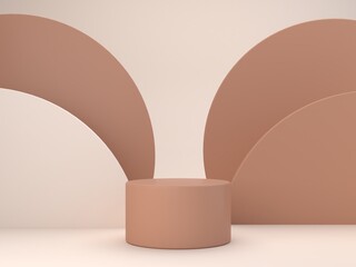 Minimal scene 3d with podium and geometrical forms and layers in Mocha Mousse Color. Trendy color 2025. Scene for cosmetic product presentation. Abstract background, brown studio room. 3d render.