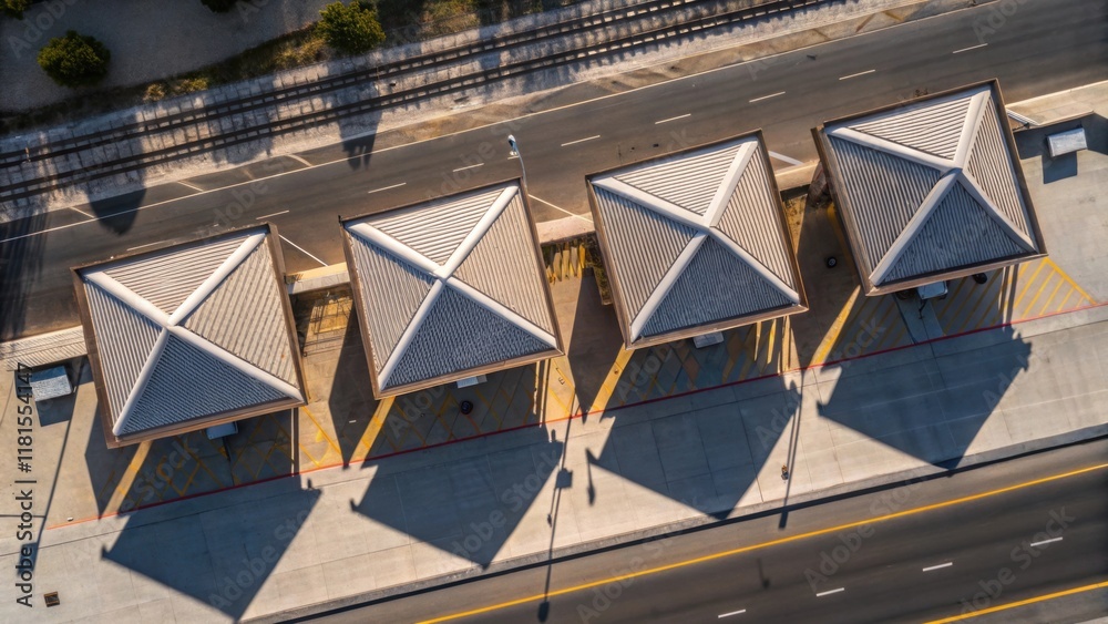 Fototapete An artistic overhead view of several modular bus shelters showcasing the dynamic geometric patterns formed by their triangular roofs. Each shelter casts shadows that play across