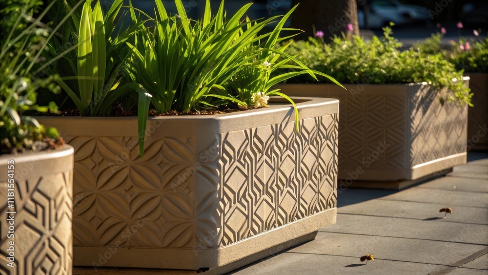 Poster An artistic perspective capturing the interplay of shadows and light on a of planter sections. The textured exterior of the planters casts intricate patterns on the ground
