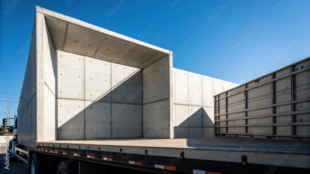 Poster An artistic perspective captures the interplay of light and shadow on a single precast entrance module its angular shape protruding slightly from the truck bed. The image focuses