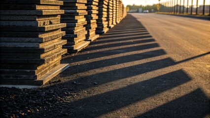 An artistic perspective focusing on the shadow play created by a stack of asphalt patching material under the warm afternoon sun with angular shadows cast on the ground emphasizing