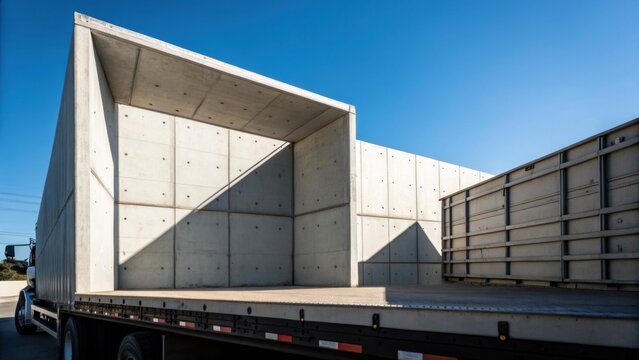 An artistic perspective captures the interplay of light and shadow on a single precast entrance module its angular shape protruding slightly from the truck bed. The image focuses