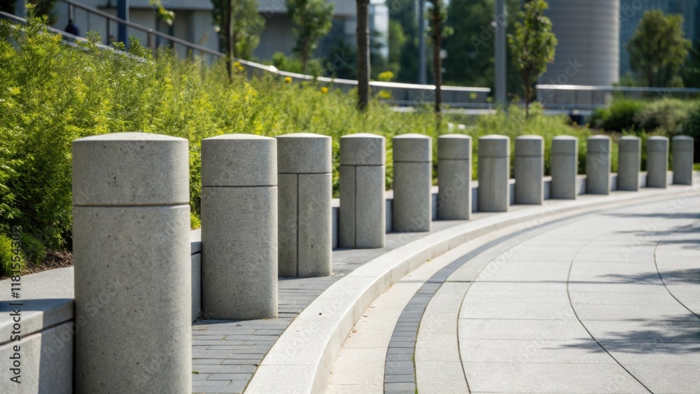 Poster An artistic perspective of precast concrete bollards arranged in a slight curve emphasizing their functional design paired with urban aesthetics. The interplay of light and shadow