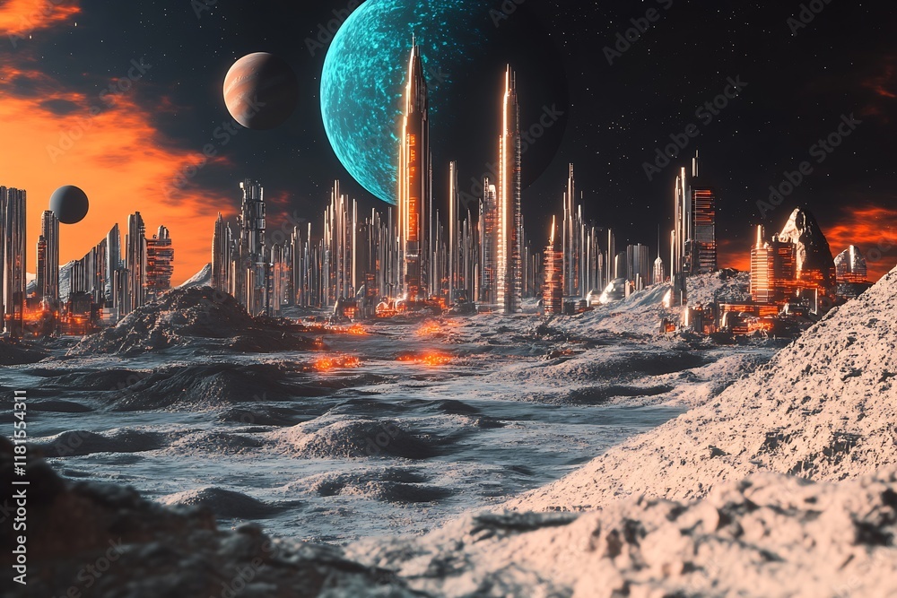 Poster Futuristic alien cityscape with towering structures and multiple planets in the vibrant sky : Generative AI