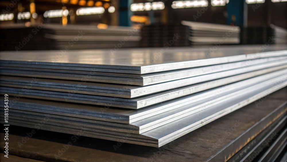 Poster An artistic shot emphasizing the contrast between light and dark with steel plates arranged in a staggered formation. The gleaming edges catch the light while the deeper sections