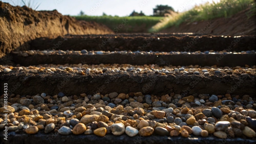 Aufkleber An artistic shot featuring a series of gravelstrewn layers at the bottom of the ditch. The glistening pebbles catch the light against the backdrop of dark moist soil pointing to