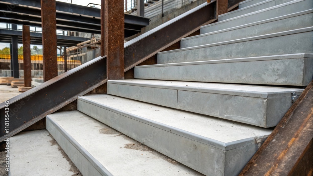 Aufkleber An artistic shot capturing the contrasting textures of unfinished metal beams and the smooth solid finish of precast concrete steps emphasizing the layered complexity of the