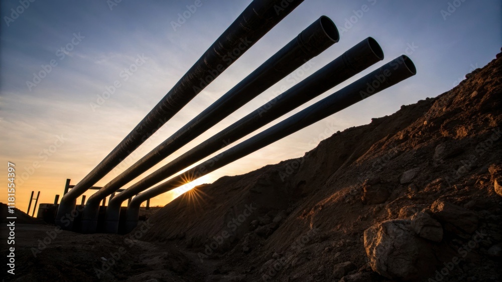 Poster an artistic shot featuring silhouetted shapes of various sewer pipes intersecting at oblique angles 