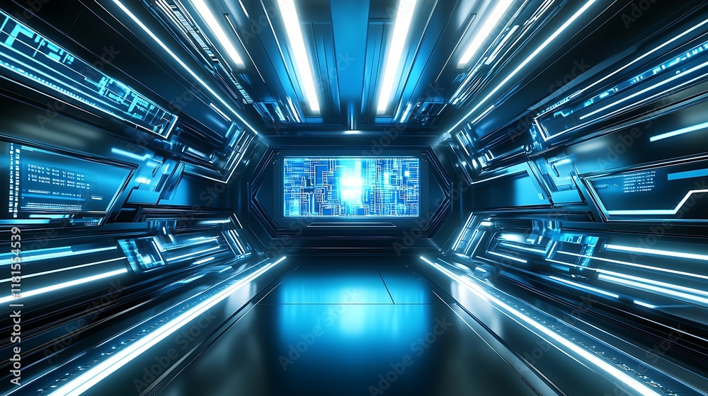 Aufkleber High-Tech Futuristic Corridor with Blue Illuminated Control Panels and Circuit Patterns : Generative AI