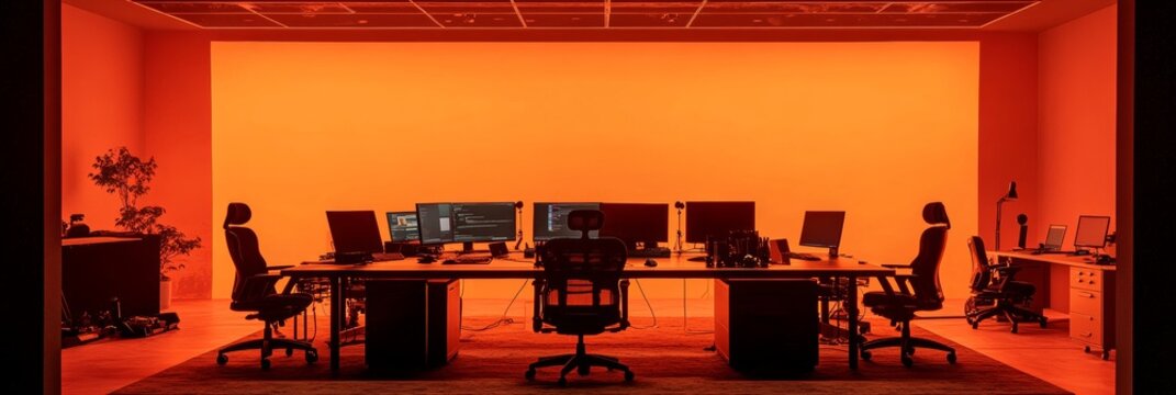 Silhouettes of Computer Screens in Orange Lit Room, Information Technology Background