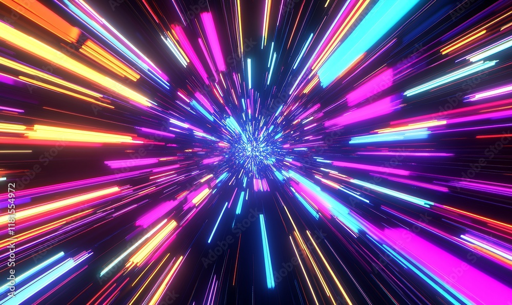 Poster Dynamic Neon Light Burst with Vibrant Colorful Streaks in Fast Motion Abstract Digital Background : Generative AI