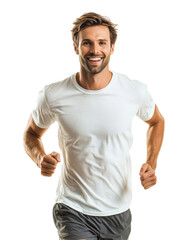 Smiling young man running in white t-shirt, fit male athlete with healthy lifestyle jogging, fitness and active exercise concept isolated on transparent background