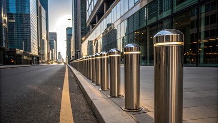 An eyelevel perspective of a row of reflective traffic bollards each standing tall and straight along the newly constructed street. The sunlight captures the chrome finish on top