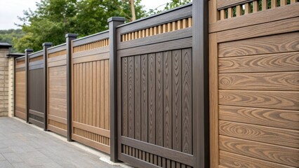 An image capturing a of composite fence panels showcasing their woodlike texture and varied shades. The interlocking grooves and unique surface treatment suggest that these panels
