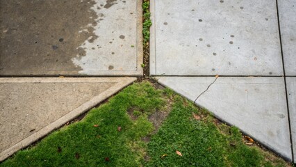 Obraz premium An image captures the perspective of a sidewalk corner where two concrete slabs join at a perfect right angle. The near slab shows stains from spilled drink and the roughness of