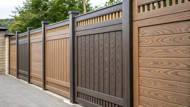 An image capturing a of composite fence panels showcasing their woodlike texture and varied shades. The interlocking grooves and unique surface treatment suggest that these panels
