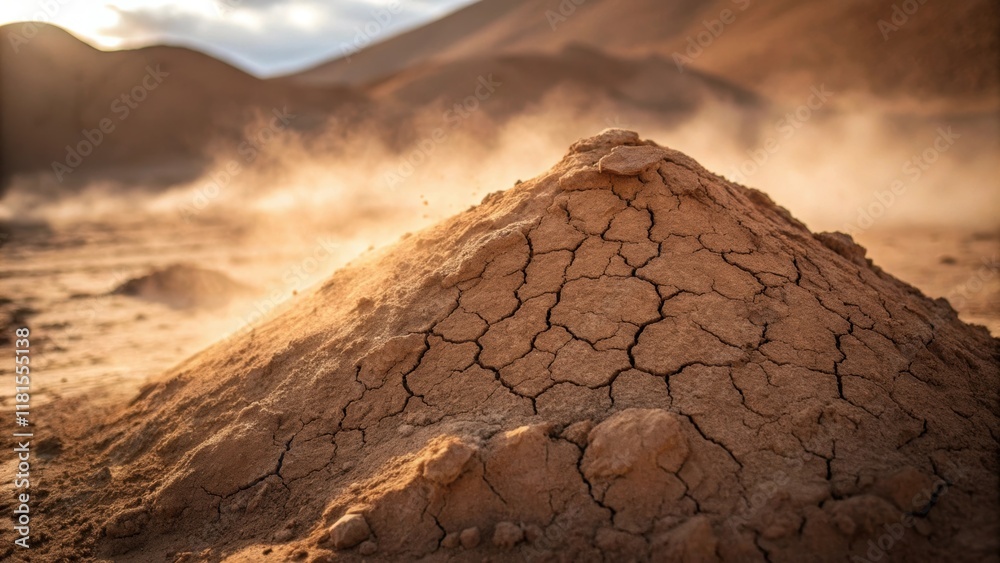 Poster An image focusing on a pile of dry dusty soil with fine particles caught in the light swirling gently in a breeze. The top of the mound shows cracks and fissures capturing the