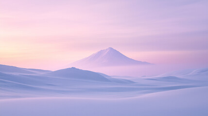 薄紫の朝空と光芒に包まれる冬の富士山と雪原の静寂
