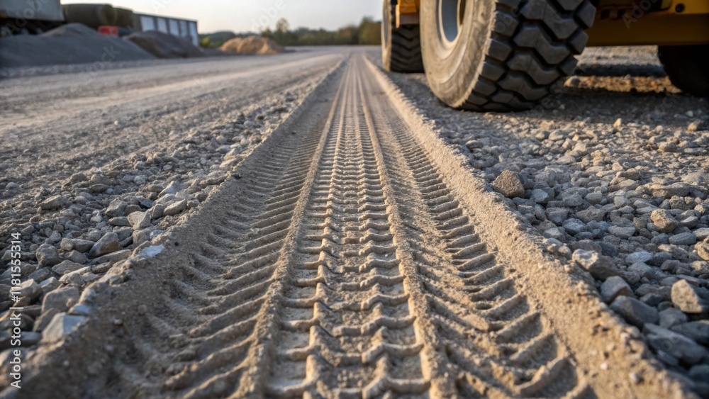 Poster  An image of gravel compressed under heavy machinery where tire tracks are evident on the surface demonstrating the application of pressure that enhances stability surrounded by