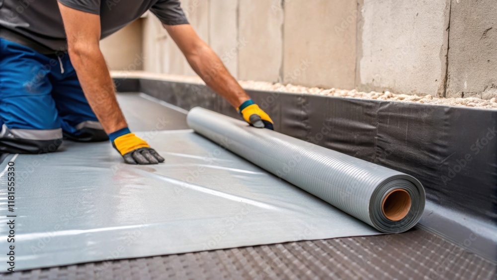 Aufkleber An image showcases the installation process with a worker carefully unrolling the waterproof membrane against the foundation wall. The focus is on the hands action as it smooths