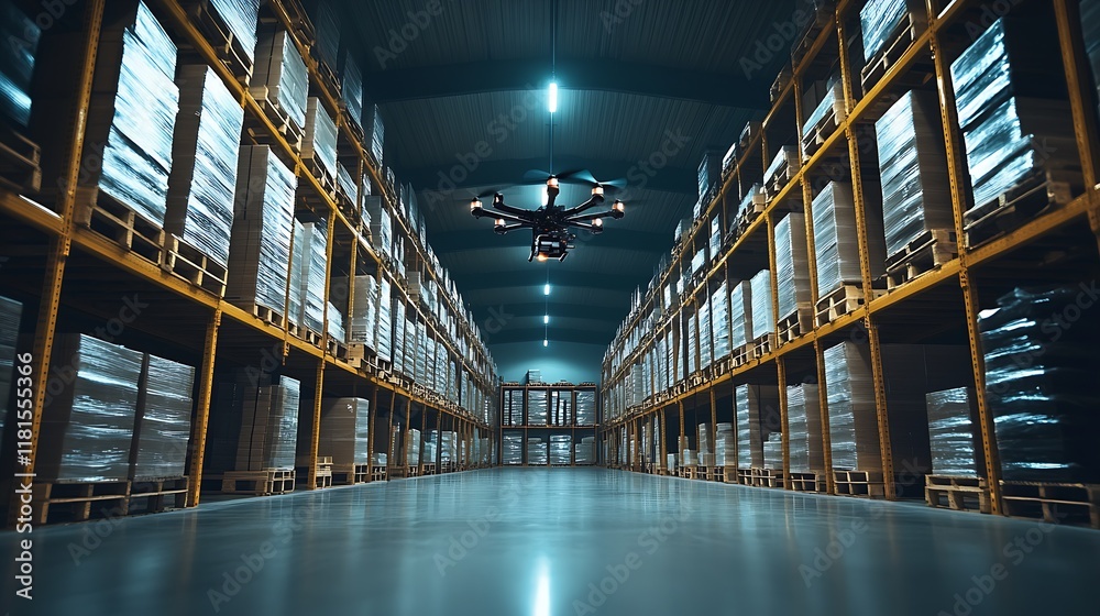 Aufkleber High Tech Drone Navigating Through Modern Warehouse Storage Aisle with Pallet Racks : Generative AI