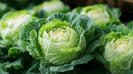 Fototapeta premium Green Cabbage Grows in Garden, Fresh Vegetable, Healthy Food