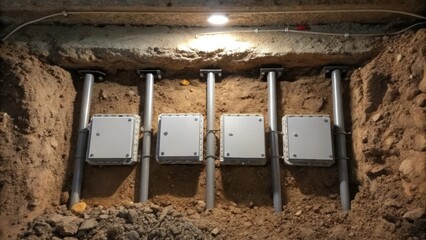 Obraz premium An image that emphasizes the alignment of several junction boxes along a utility trench their metal exteriors gleaming under an artificial light source. The boxes are set against a