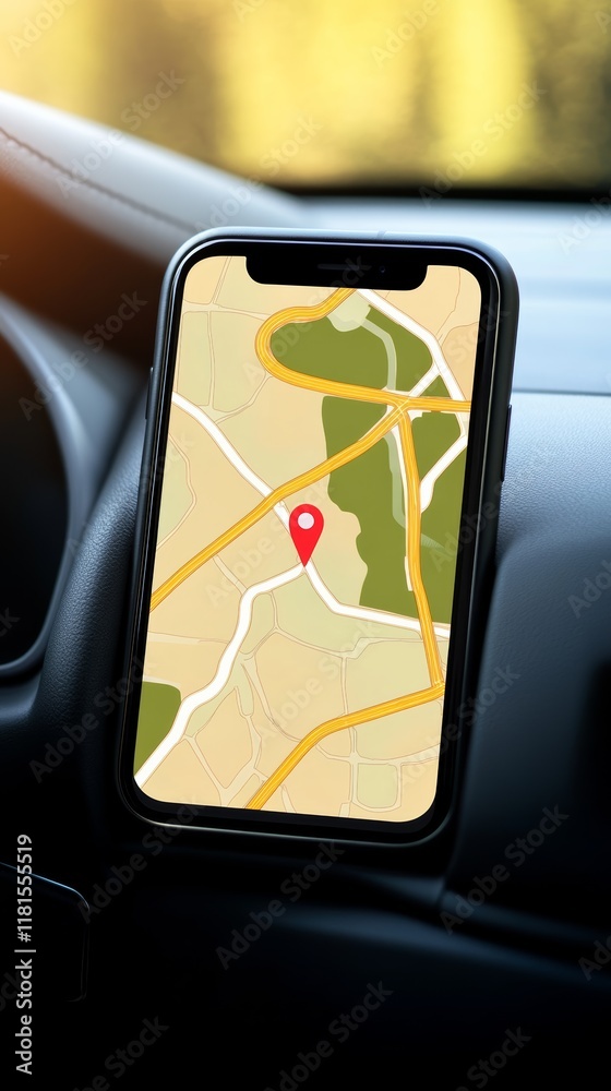Poster Gps navigation map displayed on a smartphone resting on a car dashboard, offering real time location tracking and route guidance for drivers during their journeys