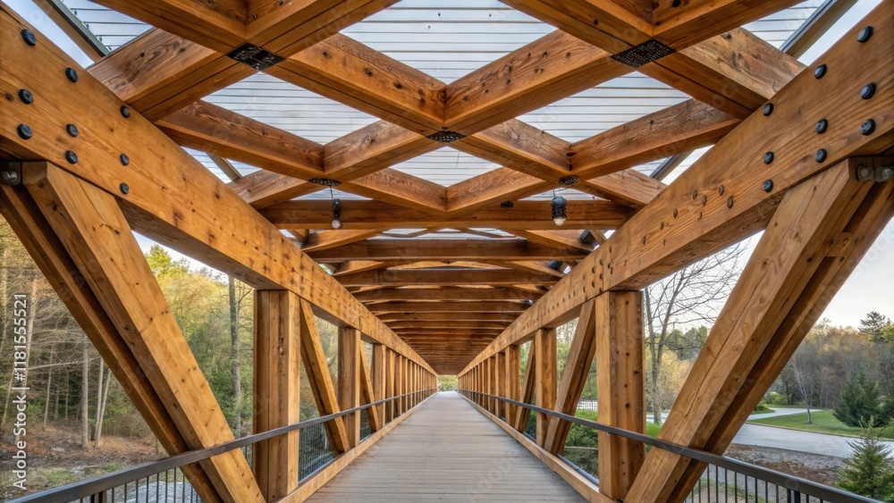 Poster An interlocking grid of wooden beams showcases the rich textures of the timber each plank showing unique grain patterns while steel fasteners glint in the light creating a