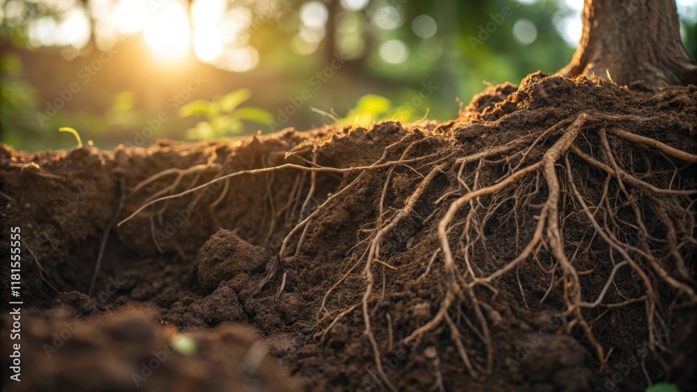 Poster An intimate look at a soil pile reveals the intricate network of roots intertwined with the clumps of soil hinting at the ecosystem that once thrived above ground. Sunlight filters