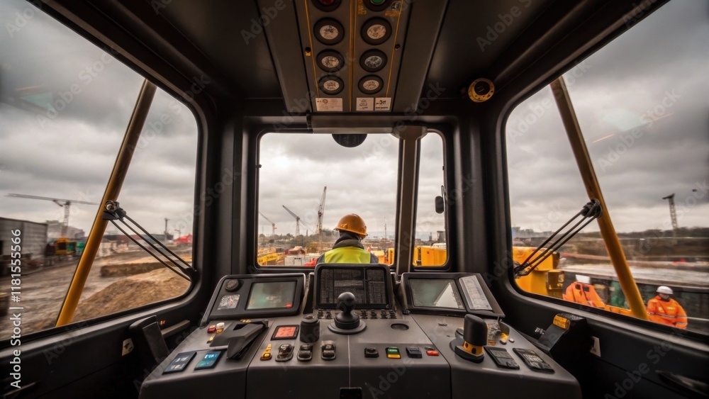 Poster An intimate capture of the crane operators cabin where the driver is visible intensely focused on maneuvering immense panels of concrete. The interior of the cabin is filled with