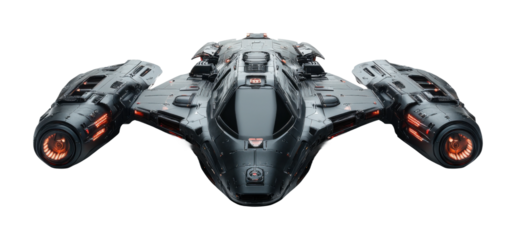 Futuristic black spaceship with glowing orange lights, advanced sci-fi spacecraft design for digital art, technology, and space exploration concepts isolated on transparent background