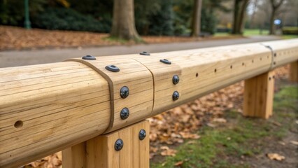 Naklejka premium An intimate look at the assembly of a balance beam constructed from natural wood but designed with flexible modular connectors. The smooth surfaces are free of splinters and small