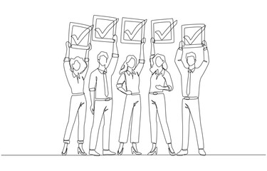 Continuous one line drawing of business team holding completed checkboxes, teamwork and project success, mission accomplished team concept, single line art