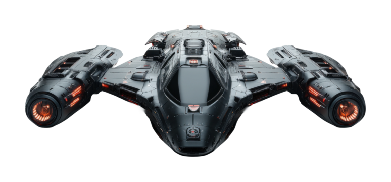 Futuristic black spaceship with glowing orange lights, advanced sci-fi spacecraft design for digital art, technology, and space exploration concepts isolated on transparent background