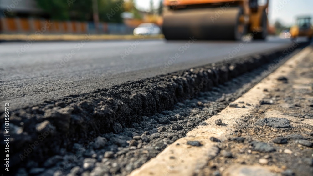 Poster An intimate view of the cooling asphalt layers revealing the intricate patterns formed by the machinery with uneven edges and slight variances in thickness that indicate the