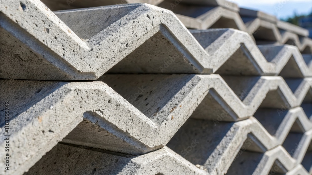 Aufkleber An intimate view of the interface between two stacked concrete medians highlighting the interlocking shapes designed for stability. The play of light across the uneven surfaces