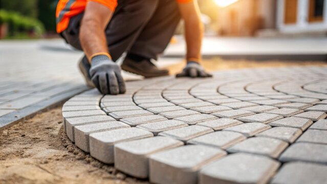 An intimate view of a worker focused on adjusting the position of a curved paving stone which fits into a circular pattern. The surrounding environment is softly blurred - Powered by Adobe