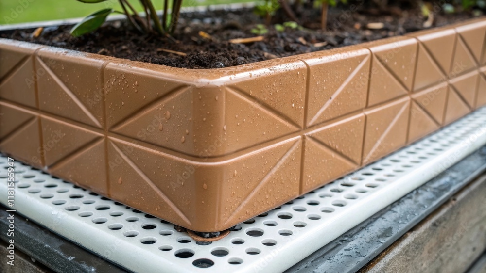 Poster An intricate closeup of a single modular planter section its smooth ceramic finish glistening with morning dew. The planter features a unique drainage system at the base with small