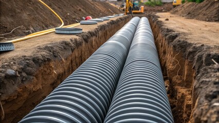 An intricate layout of multiple culverts stacked neatly beside a trench each one exhibiting various diameters. The earthy tones of the soil contrast with the bright metallic sheen